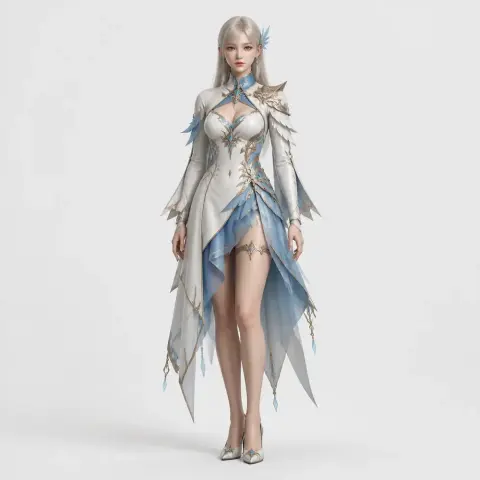 A fantasy female character in elegant armor with flowing, layered blue and white garments.