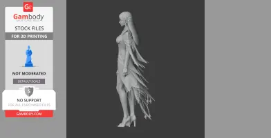 A detailed 3D model of a female figure in elaborate attire, with long hair and ornamental accessories.