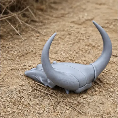 3D-printed banteng skull with large curved horns on sandy ground.