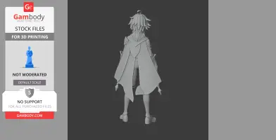 3D model of a character with a detailed cape and short hair, facing away, for 3D printing.