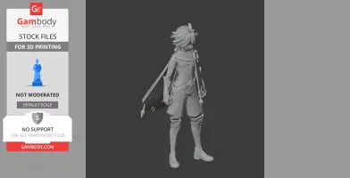 3D model of a character with detailed clothing and a cape, ready for 3D printing.