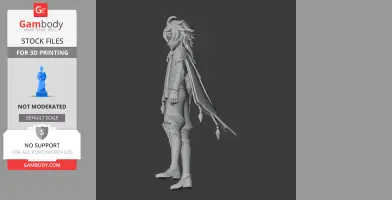 Stylized 3D model of a character with a cape and detailed armor, designed for 3D printing.