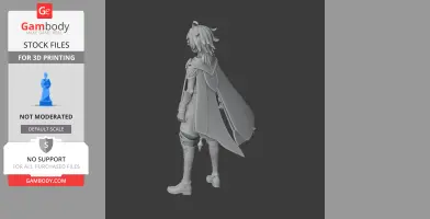 A 3D model of a character with a cape and armor from the side view, suited for 3D printing.
