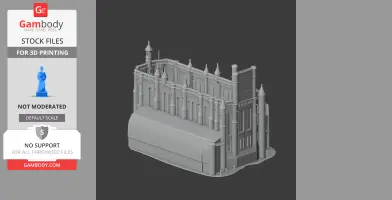 3D model of a detailed Gothic-style cathedral facade, featuring spires and arched windows.