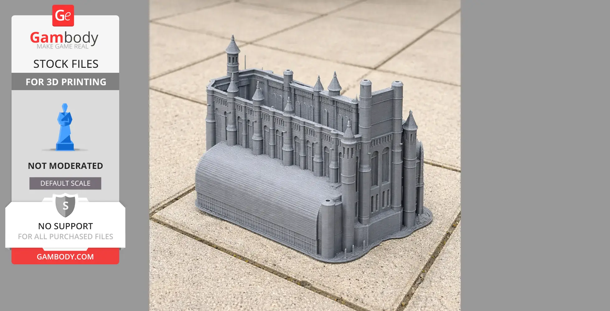3D printed model of Albi Cathedral with detailed Gothic architecture on a tiled surface.