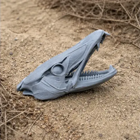 3D-printed barracuda skull replica, detailed with open jaws, placed on sandy ground.