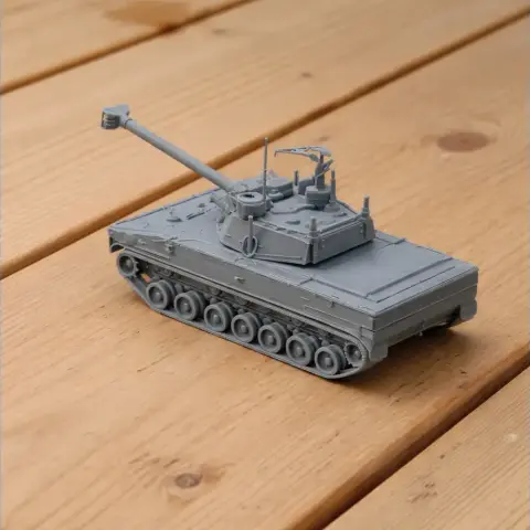 Gray 3D-printed model of the 2S42 Lotos tank, featuring detailed tracks and turret.