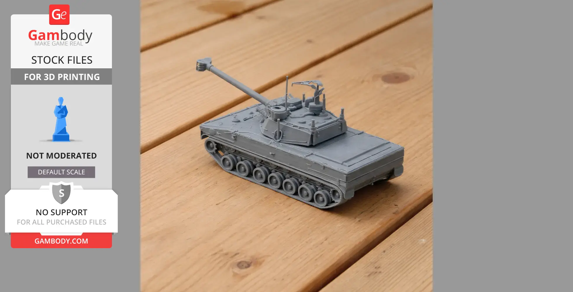 Gray 3D-printed tank model with turret and cannon, displayed on a wooden surface.