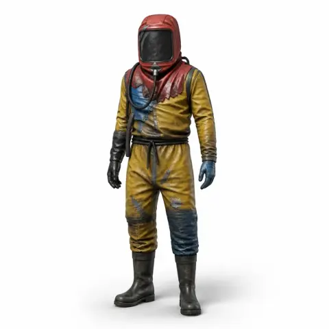 A 3D model of a figure in a yellow and red hazmat suit, with black gloves and boots.