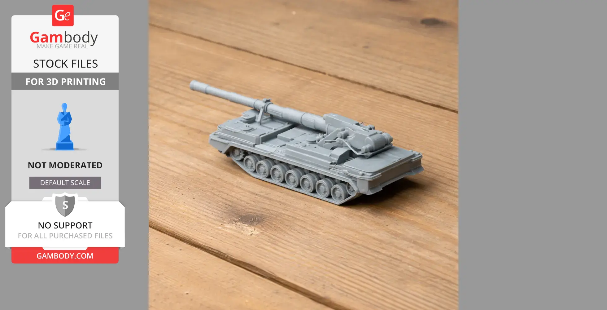 A detailed 3D-printed model of a 2S7 Pion tank on a wooden surface.