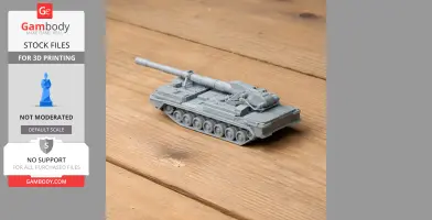 A detailed 3D-printed model of a 2S7 Pion tank on a wooden surface.