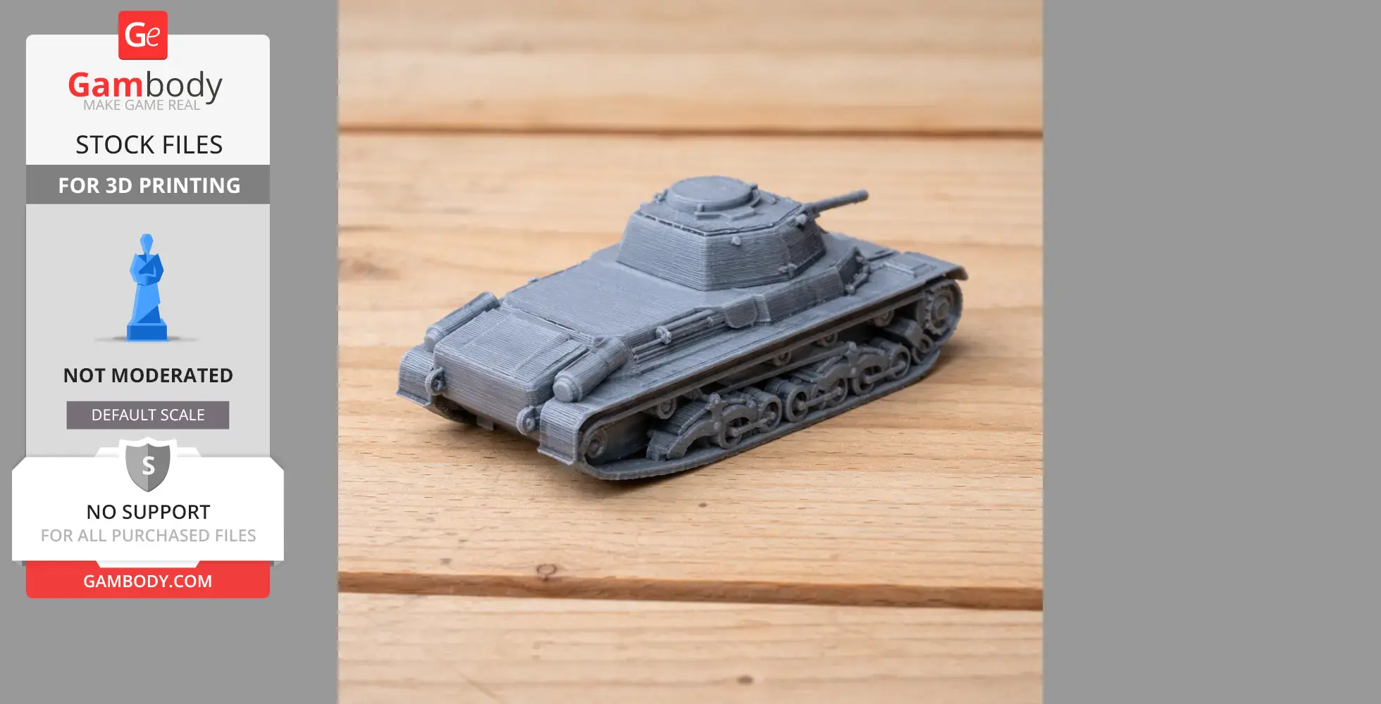 Gray 3D-printed model of a 40M Turan tank on a wooden surface.