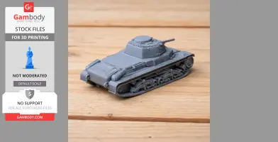 Gray 3D-printed model of a 40M Turan tank on a wooden surface.