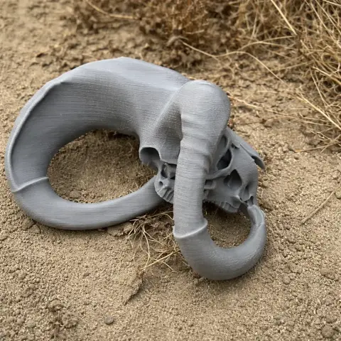 3D-printed bighorn sheep skull with large curved horns, placed on sandy ground.