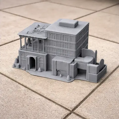 Gray 3D model of Ali Qapu palace with intricate architectural details on a tiled surface.