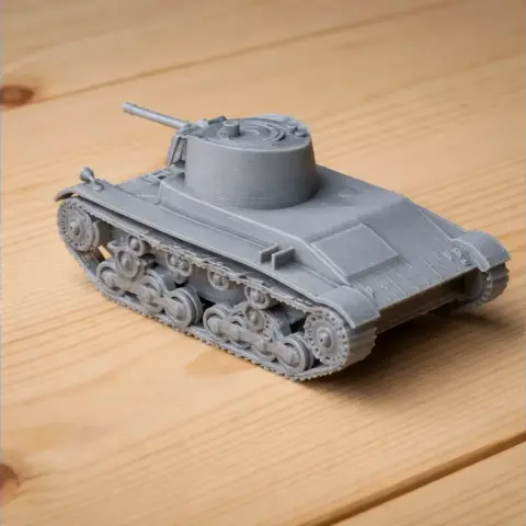 Gray 3D-printed model of a 7TP tank with detailed tracks and turret on a wooden surface.