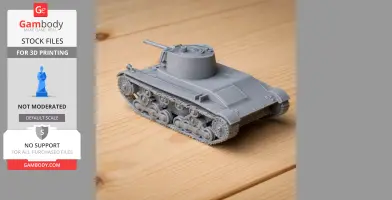 Gray 3D-printed model of a 7TP tank on a wooden surface.