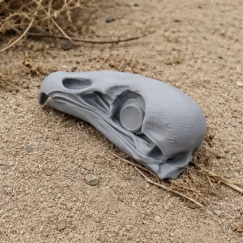 3D-printed black vulture skull replica placed on sandy ground.