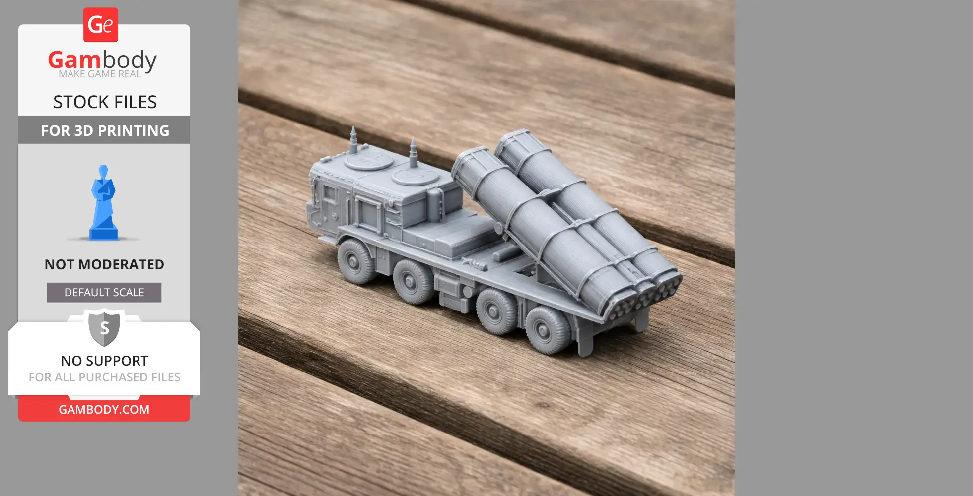 3D printed model of a military vehicle with missile launchers, displayed on a wooden surface.