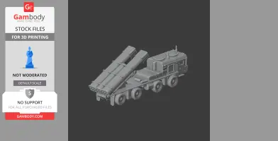 A detailed 3D model of a military vehicle with rocket launchers mounted on a multi-wheeled chassis.