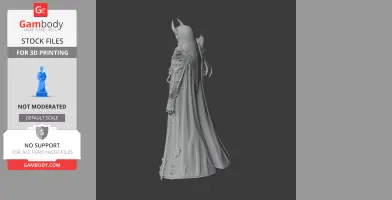 A detailed, horned figure in a flowing cloak viewed from the side, designed for 3D printing.