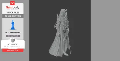A detailed 3D figurine of a character with a cloak and horns, ready for 3D printing.