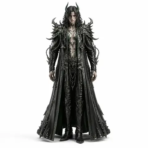 Intricately detailed dark fantasy character with ornate armor and cloak, featuring horns and long hair.