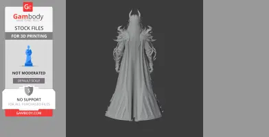 A robed figure with spiked details and horns facing away, designed for 3D printing.