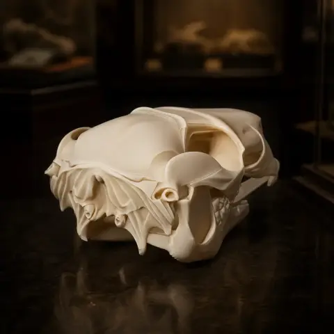 3D printed model of a Black Wallaroo skull on a dark surface, showcasing intricate bone details.