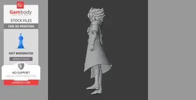 3D model of a standing character with spiky hair and a long coat, side view.