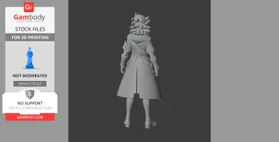 3D model of a character in a long coat, viewed from the back, with detailed hair and attire.