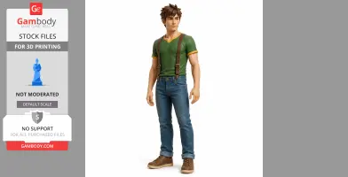 3D model of a male character from Stardew Valley in green shirt, suspenders, and jeans standing upright.
