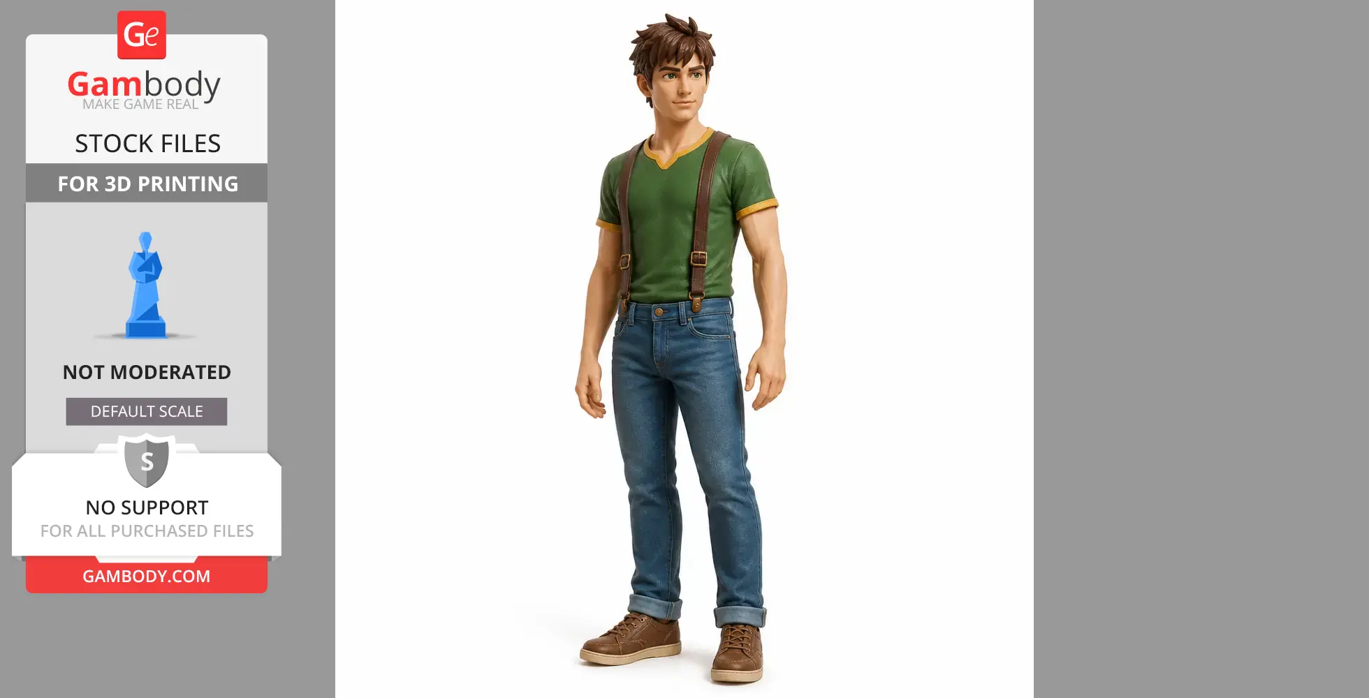 3D model of a male character from Stardew Valley in green shirt, suspenders, and jeans standing upright.
