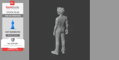 3D model of a spiky-haired character in casual attire, viewed from the back, ready for 3D printing.