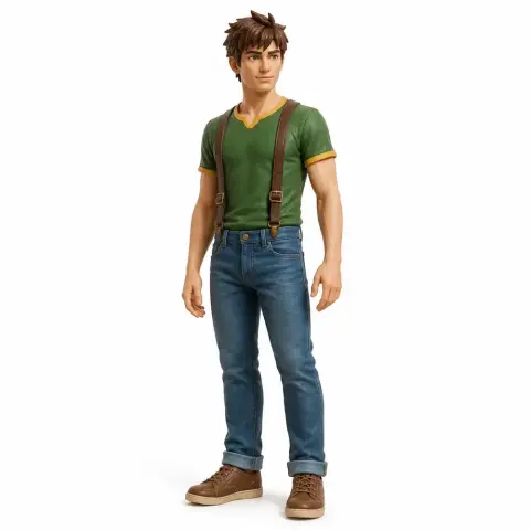A stylized 3D figurine of a young man in casual attire with suspenders and jeans, standing confidently.