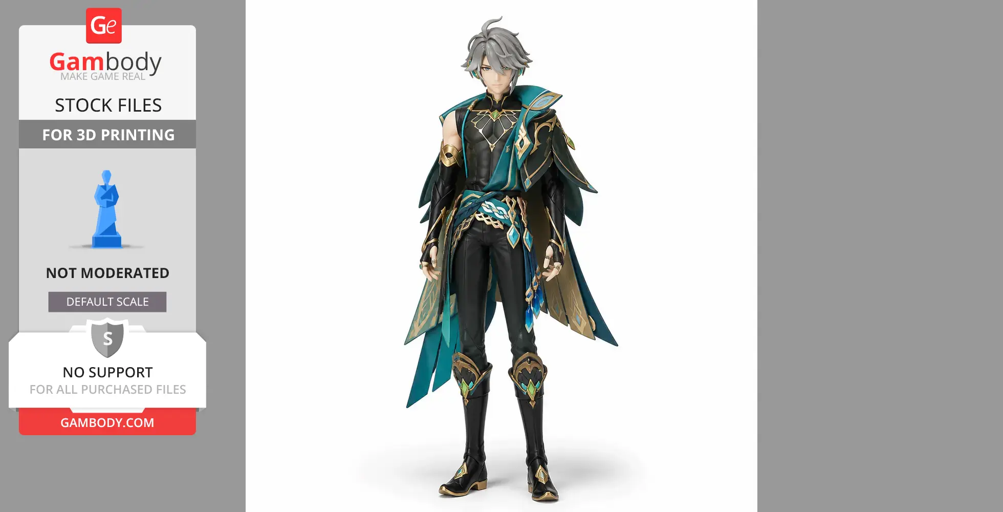 A detailed 3D figurine of Alhaitham from Genshin Impact, wearing ornate green and gold attire.