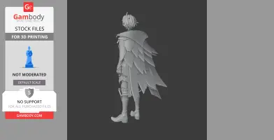 3D model of a character with layered cape and detailed armor, designed for 3D printing.
