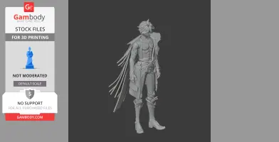 3D model of a character from a video game, featuring detailed armor and a flowing cape.