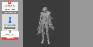 A detailed 3D model of a character with intricate armor and a flowing coat, designed for 3D printing.