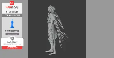 3D model of a character with detailed armor, flowing hair, and cape extensions, viewed from the side.