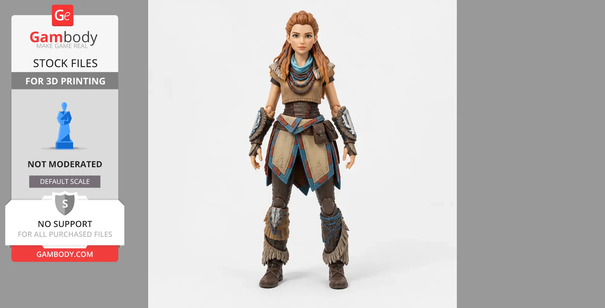 A detailed 3D figure of a woman with braided hair, tribal attire, and arm guards for 3D printing.