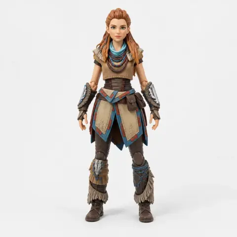 Detailed 3D model of a warrior woman with braided hair, tribal armor, and accessories for printing.