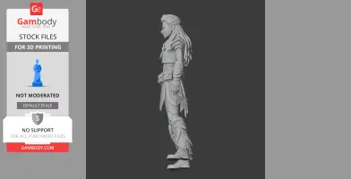 3D model of a detailed female warrior figure in profile with armor and intricate clothing.