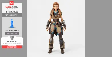 A detailed 3D figure of a woman with braided hair, tribal attire, and arm guards for 3D printing.