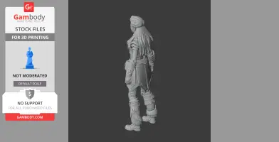 A 3D model of a female character with detailed armor pieces and long hair, designed for printing.