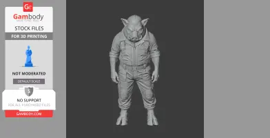 A 3D model of a humanoid figure with a boar's head, wearing detailed rugged clothing and boots.