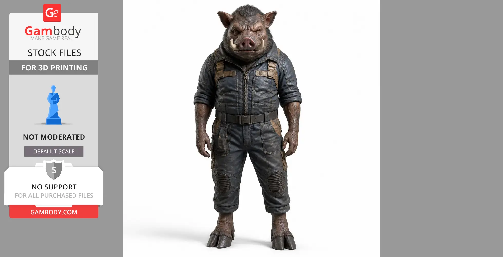 Anthropomorphic boar in rugged attire, ready for 3D printing.