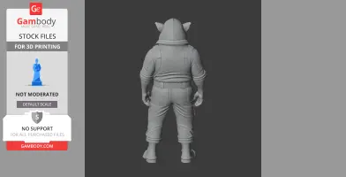 Back view of a detailed humanoid figure with pig-like ears, wearing a jumpsuit and boots.