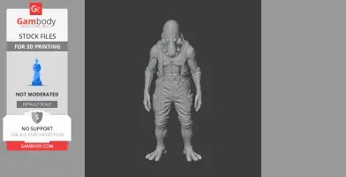 Alien-like figure in a detailed jumpsuit with large feet and a unique head design, ready for 3D printing.