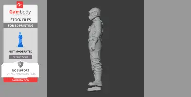 A detailed 3D model of a character in a spacesuit and helmet, standing in profile for printing.